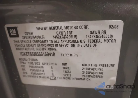 2006 GMC Envoy Xl Denali из США, поврежденный, VIN 1GKET66M566169418